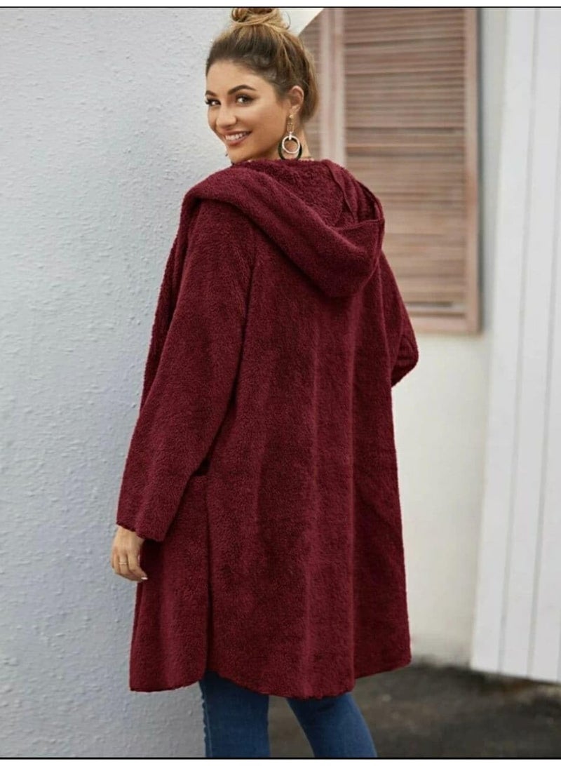 Solid Dual Pocket Open Front Teddy Coat (Burgundy) - Image 2